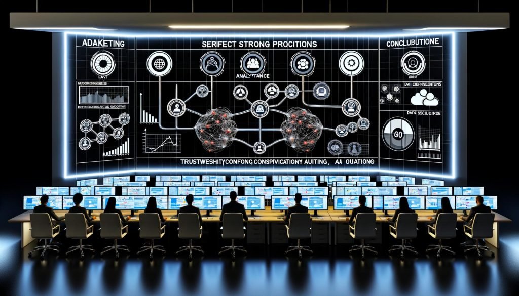 Hightech-Marketing-Kontrollraum bei Nacht mit leuchtenden Dashboards, Analysten, GA4-, BigQuery-, Airflow- und MLflow-Icons sowie Symbolen für Datenschutz und Audit-Compliance.