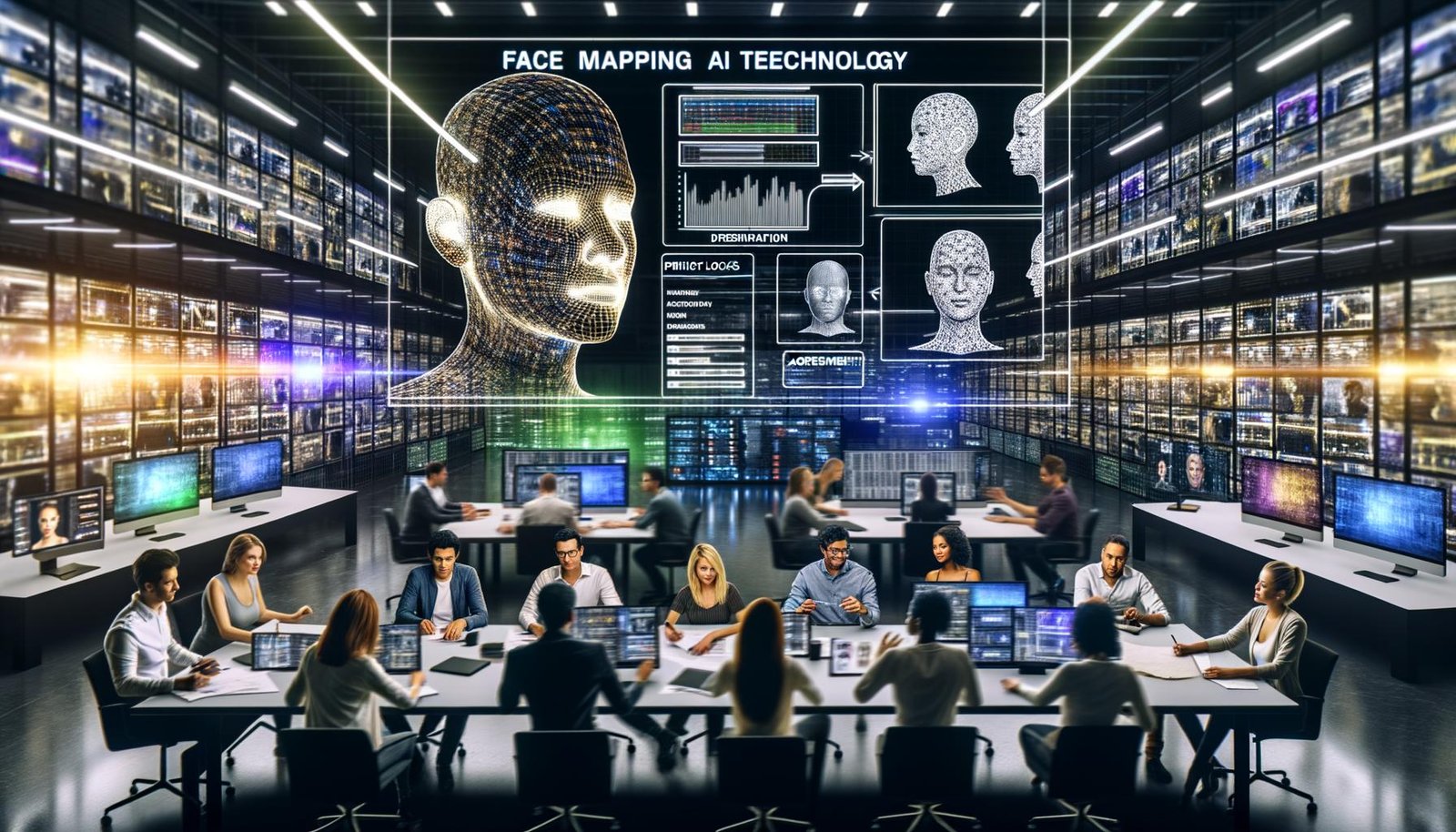 Hightech-Kreativstudio mit Face Swap AI-Interfaces, Mapping-Grids und Vorher/Nachher-Headshots; Team zeigt auf Avatare, Einwilligungschecklisten, Wasserzeichen und Cloud-Datenfluss.