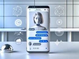 Hyperrealistische, redaktionelle Darstellung einer AI‑Girlfriend‑Benutzeroberfläche auf einem futuristischen Smartphone mit warmem weiblichem Avatar im Gespräch, Chatblasen, Sprach‑Waveform, Overlays zu Vektor‑Gedächtnis, Sprachsynthese‑Icons und Compliance‑Badges für GDPR und EU AI Act; sichtbare Metriken wie Session Length, Latenz <300 ms und Persona Aurora vor hellem, minimalem Workspace.