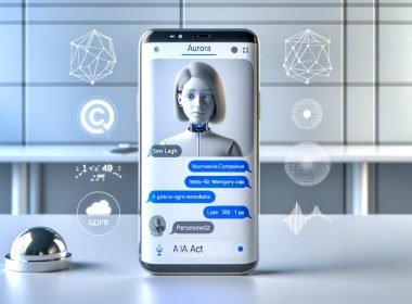 Hyperrealistische, redaktionelle Darstellung einer AI‑Girlfriend‑Benutzeroberfläche auf einem futuristischen Smartphone mit warmem weiblichem Avatar im Gespräch, Chatblasen, Sprach‑Waveform, Overlays zu Vektor‑Gedächtnis, Sprachsynthese‑Icons und Compliance‑Badges für GDPR und EU AI Act; sichtbare Metriken wie Session Length, Latenz <300 ms und Persona Aurora vor hellem, minimalem Workspace.