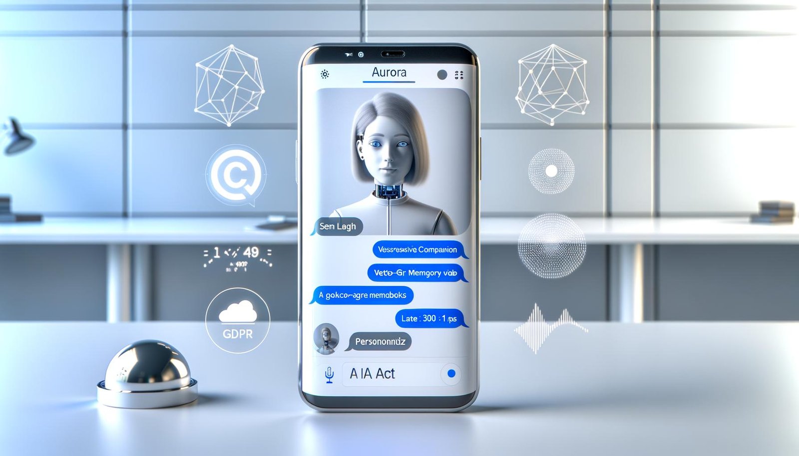 Hyperrealistische, redaktionelle Darstellung einer AI‑Girlfriend‑Benutzeroberfläche auf einem futuristischen Smartphone mit warmem weiblichem Avatar im Gespräch, Chatblasen, Sprach‑Waveform, Overlays zu Vektor‑Gedächtnis, Sprachsynthese‑Icons und Compliance‑Badges für GDPR und EU AI Act; sichtbare Metriken wie Session Length, Latenz <300 ms und Persona Aurora vor hellem, minimalem Workspace.