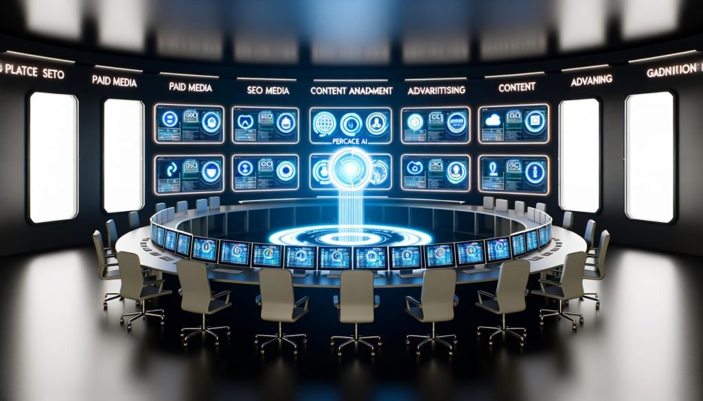 Modernes Marketing-Kontrollzentrum mit vernetzten Dashboards; zentraler Perchance AI Hub automatisiert SEO, Paid Media, Content und CRM; Compliance-Symbole und sicherer Datentresor.