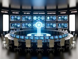 Modernes Marketing-Kontrollzentrum mit vernetzten Dashboards; zentraler Perchance AI Hub automatisiert SEO, Paid Media, Content und CRM; Compliance-Symbole und sicherer Datentresor.