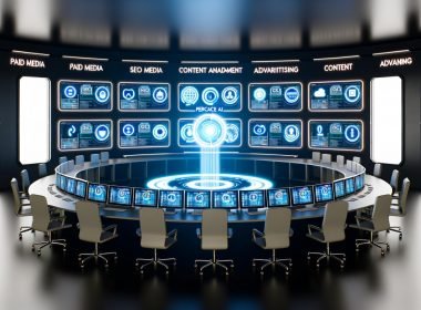 Modernes Marketing-Kontrollzentrum mit vernetzten Dashboards; zentraler Perchance AI Hub automatisiert SEO, Paid Media, Content und CRM; Compliance-Symbole und sicherer Datentresor.