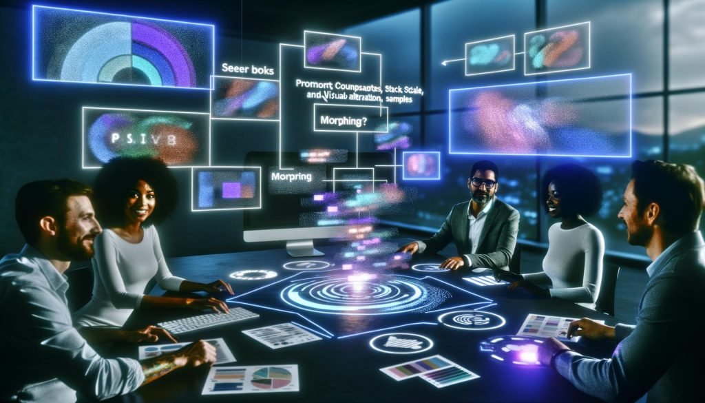 Diverses Marketing-Team kollaboriert an einem hellen Tisch mit holografischen Overlays und Displays voller morphender KI-Bilder; im Vordergrund die Playground-AI-Oberfläche mit strukturiertem Prompt-Editor, SDXL/Playground v2, Reglern für CFG-Scale, Steps und Sampler, Seed-Werten und Workflow-Diagrammen.