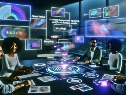 Diverses Marketing-Team kollaboriert an einem hellen Tisch mit holografischen Overlays und Displays voller morphender KI-Bilder; im Vordergrund die Playground-AI-Oberfläche mit strukturiertem Prompt-Editor, SDXL/Playground v2, Reglern für CFG-Scale, Steps und Sampler, Seed-Werten und Workflow-Diagrammen.