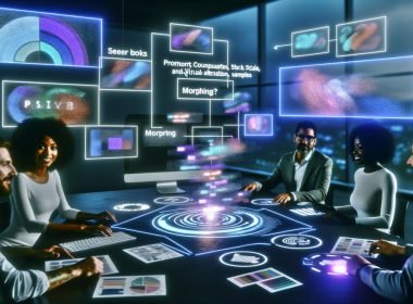 Diverses Marketing-Team kollaboriert an einem hellen Tisch mit holografischen Overlays und Displays voller morphender KI-Bilder; im Vordergrund die Playground-AI-Oberfläche mit strukturiertem Prompt-Editor, SDXL/Playground v2, Reglern für CFG-Scale, Steps und Sampler, Seed-Werten und Workflow-Diagrammen.