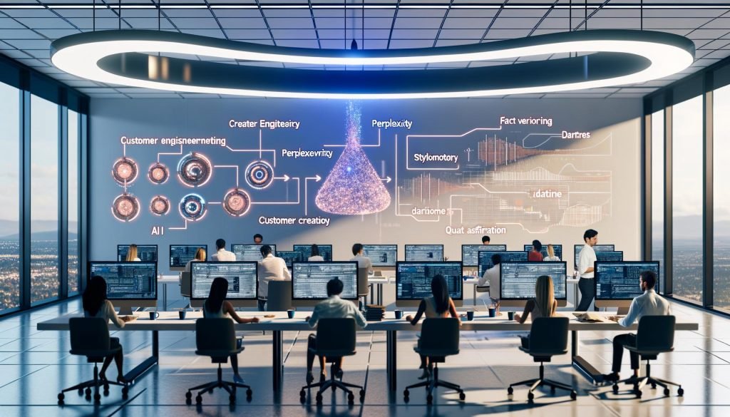 Modernes Redaktionsbüro mit diverser Crew, holografischen Dashboards zu Perplexity, Stylometrie und Content-Metriken sowie visualisiertem AI-Humanizer-Workflow.