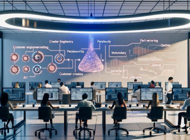 Modernes Redaktionsbüro mit diverser Crew, holografischen Dashboards zu Perplexity, Stylometrie und Content-Metriken sowie visualisiertem AI-Humanizer-Workflow.