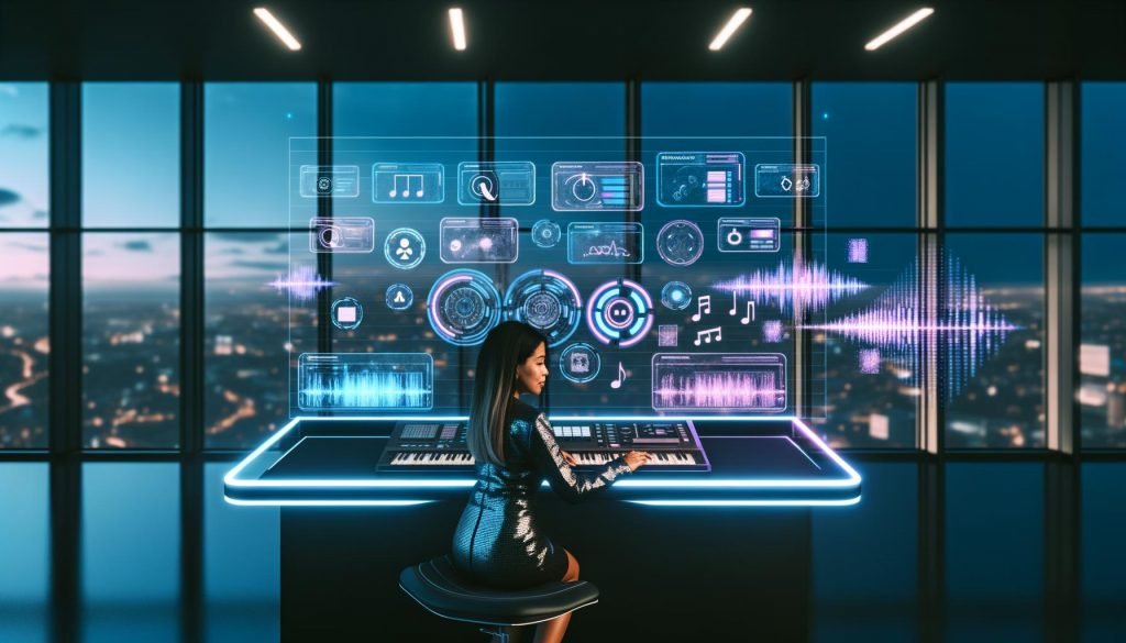 Marketing‑Profi an einem modernen Schreibtisch interagiert mit einem KI‑Musikgenerator auf transparenten, holografischen Interfaces; schwebende Audiowellen und Notationen; Optionen für Genre, Tempo, Stems und Mixing sichtbar; kühle Neon‑Töne in Blau und Lila; Panorama‑Fenster mit dynamischer Skyline; visuelle Verbindung von Sound und Marketing.