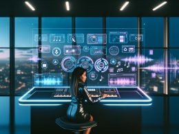 Marketing‑Profi an einem modernen Schreibtisch interagiert mit einem KI‑Musikgenerator auf transparenten, holografischen Interfaces; schwebende Audiowellen und Notationen; Optionen für Genre, Tempo, Stems und Mixing sichtbar; kühle Neon‑Töne in Blau und Lila; Panorama‑Fenster mit dynamischer Skyline; visuelle Verbindung von Sound und Marketing.