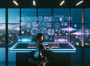 Marketing‑Profi an einem modernen Schreibtisch interagiert mit einem KI‑Musikgenerator auf transparenten, holografischen Interfaces; schwebende Audiowellen und Notationen; Optionen für Genre, Tempo, Stems und Mixing sichtbar; kühle Neon‑Töne in Blau und Lila; Panorama‑Fenster mit dynamischer Skyline; visuelle Verbindung von Sound und Marketing.