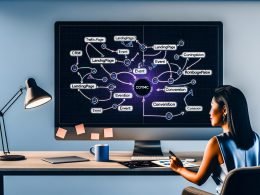 Moderner, minimalistischer Schreibtisch: Eine Marketingperson sitzt vor einem ultrabreiten Monitor mit einer dynamischen, algorithmisch generierten Journey‑Map/Funnel mit farbcodierten Pfaden und Knoten („Traffic‑Quelle“, „Landingpage“, „Event“, „Conversion“, „CRM‑Sync“). Daneben stehen eine Kaffeetasse und ein Tablet mit sichtbarem Prompt; im Hintergrund Sticky Notes und ein Figma‑Logo unter kühler, professioneller Beleuchtung.