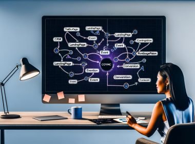 Moderner, minimalistischer Schreibtisch: Eine Marketingperson sitzt vor einem ultrabreiten Monitor mit einer dynamischen, algorithmisch generierten Journey‑Map/Funnel mit farbcodierten Pfaden und Knoten („Traffic‑Quelle“, „Landingpage“, „Event“, „Conversion“, „CRM‑Sync“). Daneben stehen eine Kaffeetasse und ein Tablet mit sichtbarem Prompt; im Hintergrund Sticky Notes und ein Figma‑Logo unter kühler, professioneller Beleuchtung.