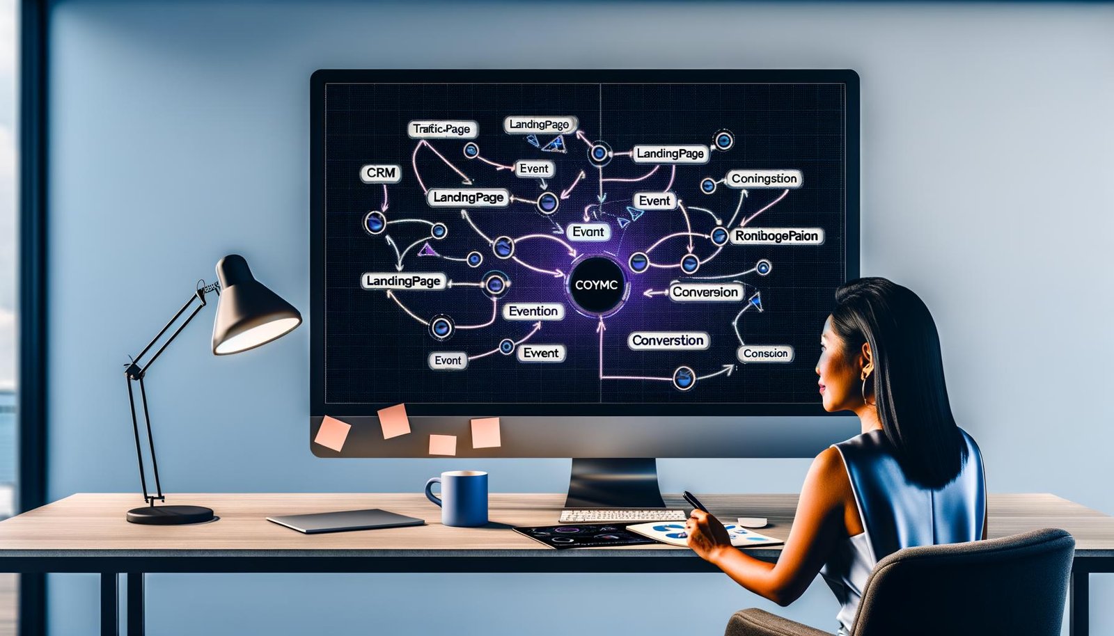 Moderner, minimalistischer Schreibtisch: Eine Marketingperson sitzt vor einem ultrabreiten Monitor mit einer dynamischen, algorithmisch generierten Journey‑Map/Funnel mit farbcodierten Pfaden und Knoten („Traffic‑Quelle“, „Landingpage“, „Event“, „Conversion“, „CRM‑Sync“). Daneben stehen eine Kaffeetasse und ein Tablet mit sichtbarem Prompt; im Hintergrund Sticky Notes und ein Figma‑Logo unter kühler, professioneller Beleuchtung.