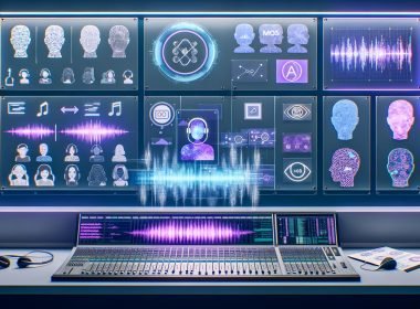 Futuristischer Arbeitsplatz mit großem Audio‑Mischpult, holografischen Wellenformen und KI‑Dashboards; transparente Displays mit TTS‑Pipeline, Phonem‑Baum, neuronalen Netzwerken, MOS/Latenz und Spektrogrammen. Digitale Avatare mit vielfältigen Stimmen sprechen in Mikrofone; rechtliche Hinweise und Wasserzeichen sowie Branding‑Guides im Hintergrund; kühle Blau‑Violett‑Palette, 2025.