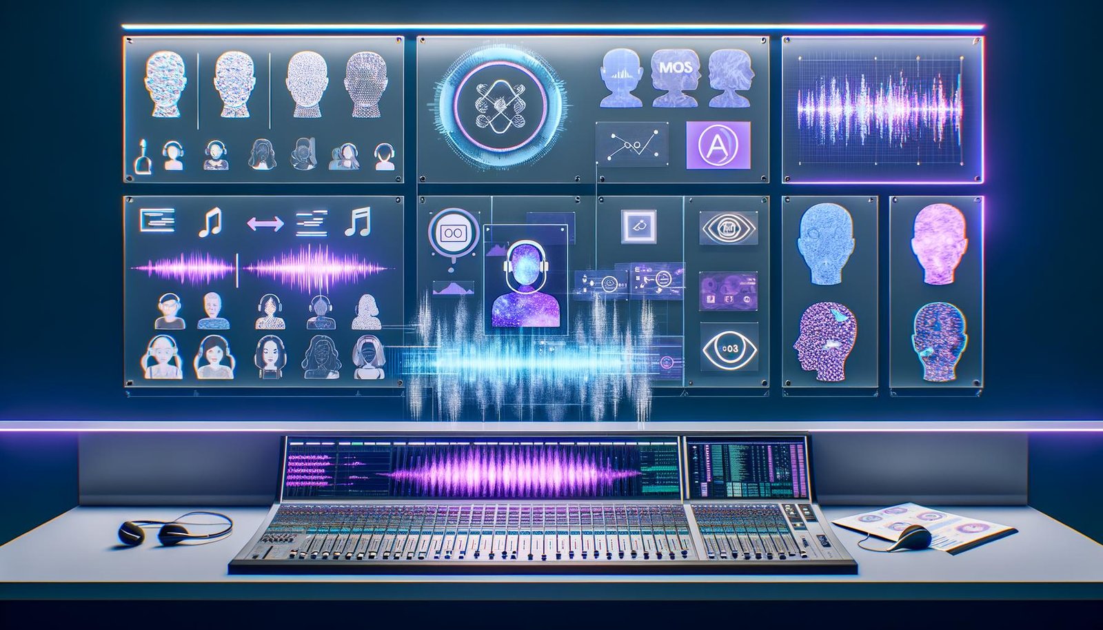 Futuristischer Arbeitsplatz mit großem Audio‑Mischpult, holografischen Wellenformen und KI‑Dashboards; transparente Displays mit TTS‑Pipeline, Phonem‑Baum, neuronalen Netzwerken, MOS/Latenz und Spektrogrammen. Digitale Avatare mit vielfältigen Stimmen sprechen in Mikrofone; rechtliche Hinweise und Wasserzeichen sowie Branding‑Guides im Hintergrund; kühle Blau‑Violett‑Palette, 2025.