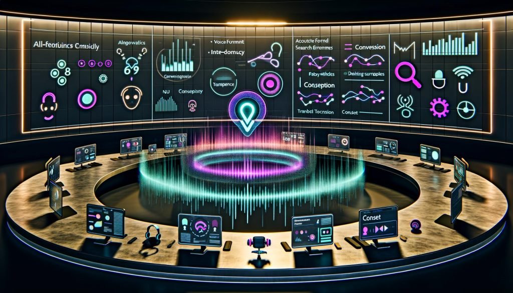 Futuristisches Marketing-Büro mit zentralem Voice-AI-Interface, Hologramm-Dashboards zu Conversion, Latenz und NLU; Sprachsteuerung über Speaker, Headsets und Handy-Widgets mit farbigen Transkripten.