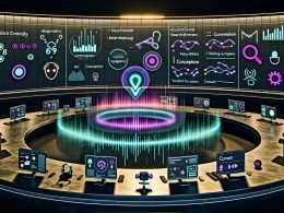 Futuristisches Marketing-Büro mit zentralem Voice-AI-Interface, Hologramm-Dashboards zu Conversion, Latenz und NLU; Sprachsteuerung über Speaker, Headsets und Handy-Widgets mit farbigen Transkripten.