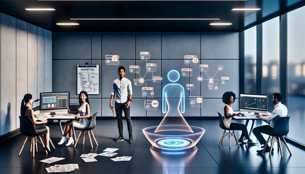 Modernes, stilvolles Büro mit diverser Marketing-Crew und holografischem KI-Assistenten; transparente Displays zeigen Daten-Dashboards, Kampagnenflows, SEO-Keyword-Cluster und Content-Entwürfe; integrierte CRM-, Analytics-, CMS- und Ad-Plattformen.