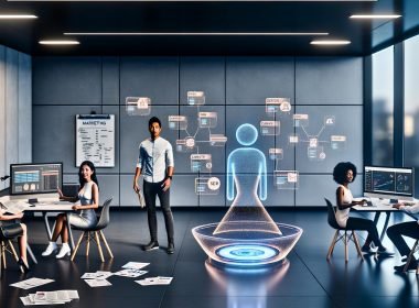 Modernes, stilvolles Büro mit diverser Marketing-Crew und holografischem KI-Assistenten; transparente Displays zeigen Daten-Dashboards, Kampagnenflows, SEO-Keyword-Cluster und Content-Entwürfe; integrierte CRM-, Analytics-, CMS- und Ad-Plattformen.