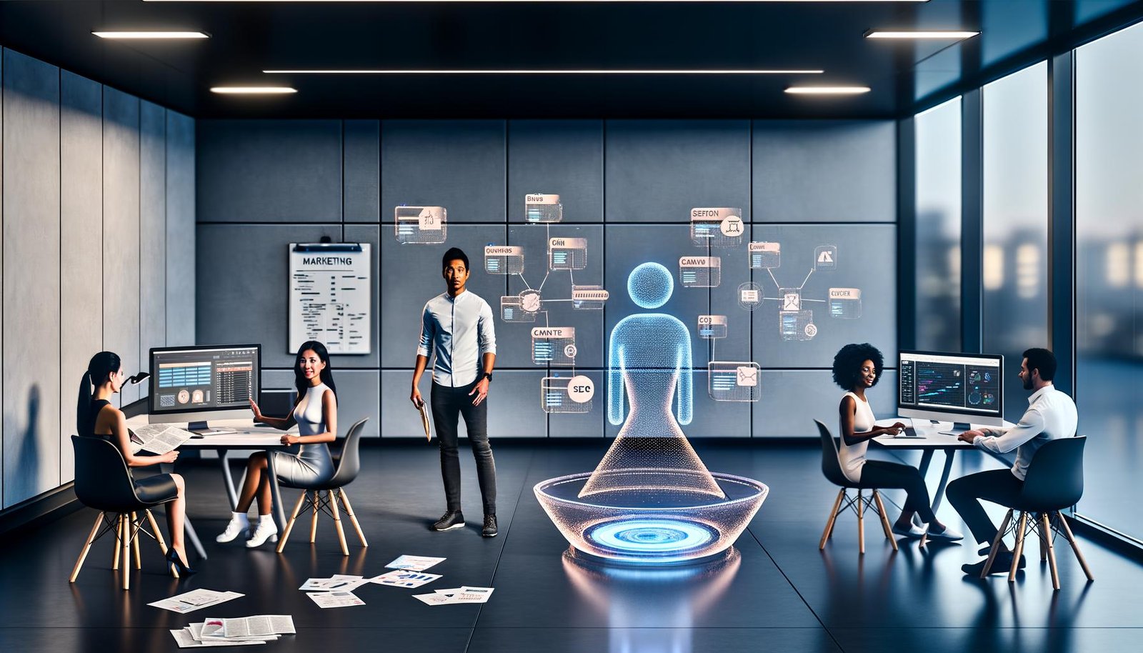 Modernes, stilvolles Büro mit diverser Marketing-Crew und holografischem KI-Assistenten; transparente Displays zeigen Daten-Dashboards, Kampagnenflows, SEO-Keyword-Cluster und Content-Entwürfe; integrierte CRM-, Analytics-, CMS- und Ad-Plattformen.