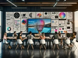 Team junger Marketer in moderner Agentur beim Brainstorming; Großmonitor mit KI-generiertem Bild, Moodboards, Whiteboard zu Prompt Engineering und A/B-Tests.