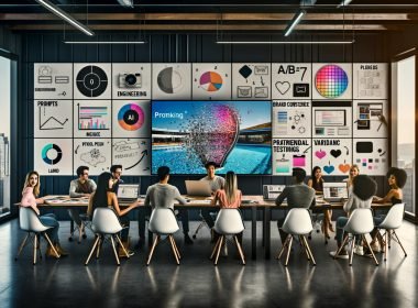 Team junger Marketer in moderner Agentur beim Brainstorming; Großmonitor mit KI-generiertem Bild, Moodboards, Whiteboard zu Prompt Engineering und A/B-Tests.