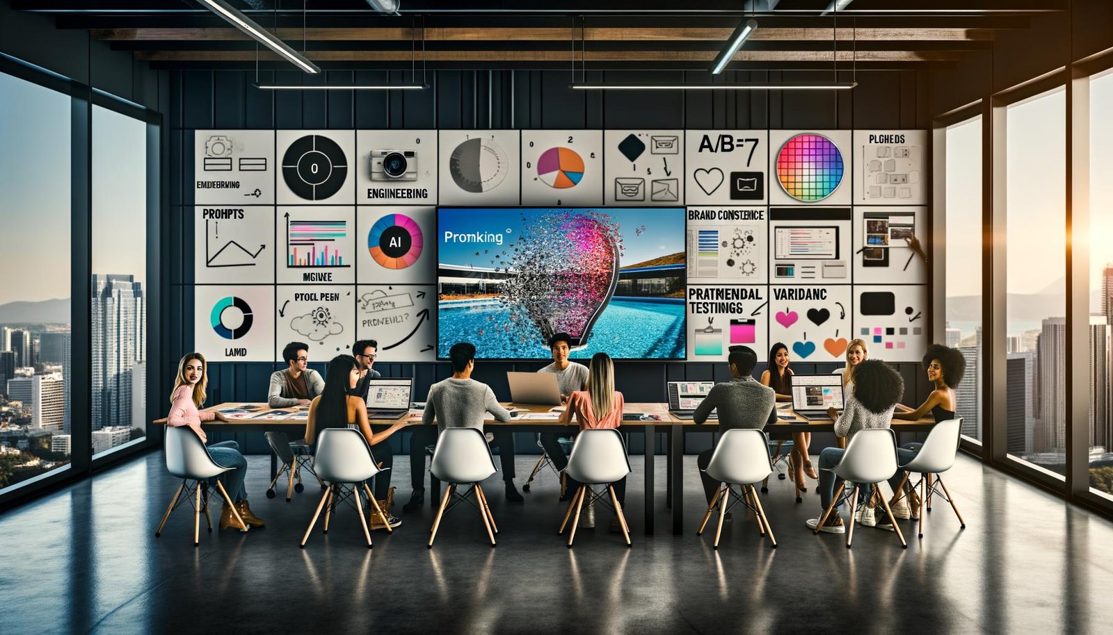 Team junger Marketer in moderner Agentur beim Brainstorming; Großmonitor mit KI-generiertem Bild, Moodboards, Whiteboard zu Prompt Engineering und A/B-Tests.