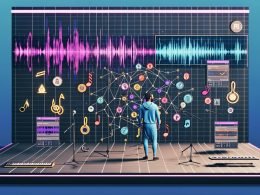 Futuristisches Musikstudio: Musiker vor Bildschirm mit animierten Wellenformen und Text‑Prompts; schwebende neuronale Netzgrafik, Noten, Token‑Symbole und Audio‑Stems (Vocals, Drums, Bass, Keys); Ableton und Stimmklonen‑Einstellungen sichtbar; digitale Timeline, farbenfrohe, technische Ästhetik.