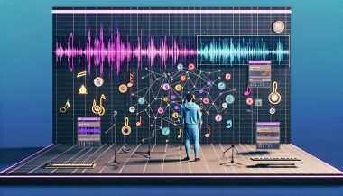 Futuristisches Musikstudio: Musiker vor Bildschirm mit animierten Wellenformen und Text‑Prompts; schwebende neuronale Netzgrafik, Noten, Token‑Symbole und Audio‑Stems (Vocals, Drums, Bass, Keys); Ableton und Stimmklonen‑Einstellungen sichtbar; digitale Timeline, farbenfrohe, technische Ästhetik.