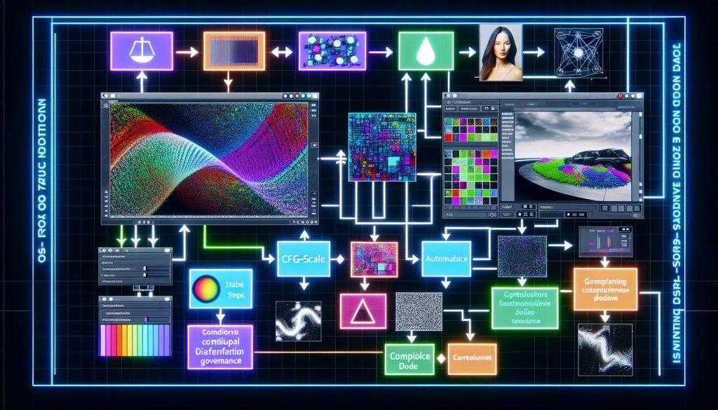Modernes Hightech-Motiv einer KI-Fotogenerator-Pipeline: Datenströme und Formeln fließen in Nodes (ComfyUI, Automatic1111, Stable Diffusion, ControlNet) und formen Rauschen zu fotorealistischen Bildern; Monitore mit Produktaufnahme, Lifestyle-Porträt und stilisierter Illustration; UI mit Prompt, CFG-Scale, Steps, LoRA, VAE; Symbole für Compliance, Transparenz und Governance im Workspace von 404 Magazine.