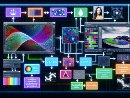 Modernes Hightech-Motiv einer KI-Fotogenerator-Pipeline: Datenströme und Formeln fließen in Nodes (ComfyUI, Automatic1111, Stable Diffusion, ControlNet) und formen Rauschen zu fotorealistischen Bildern; Monitore mit Produktaufnahme, Lifestyle-Porträt und stilisierter Illustration; UI mit Prompt, CFG-Scale, Steps, LoRA, VAE; Symbole für Compliance, Transparenz und Governance im Workspace von 404 Magazine.