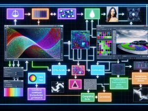Modernes Hightech-Motiv einer KI-Fotogenerator-Pipeline: Datenströme und Formeln fließen in Nodes (ComfyUI, Automatic1111, Stable Diffusion, ControlNet) und formen Rauschen zu fotorealistischen Bildern; Monitore mit Produktaufnahme, Lifestyle-Porträt und stilisierter Illustration; UI mit Prompt, CFG-Scale, Steps, LoRA, VAE; Symbole für Compliance, Transparenz und Governance im Workspace von 404 Magazine.