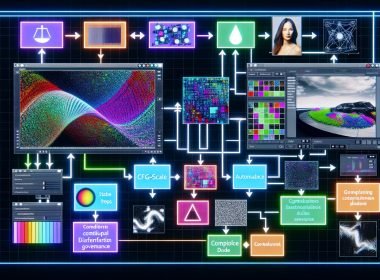 Modernes Hightech-Motiv einer KI-Fotogenerator-Pipeline: Datenströme und Formeln fließen in Nodes (ComfyUI, Automatic1111, Stable Diffusion, ControlNet) und formen Rauschen zu fotorealistischen Bildern; Monitore mit Produktaufnahme, Lifestyle-Porträt und stilisierter Illustration; UI mit Prompt, CFG-Scale, Steps, LoRA, VAE; Symbole für Compliance, Transparenz und Governance im Workspace von 404 Magazine.