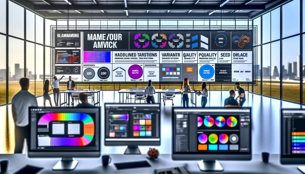 Modernes Marketing‑Workspace mit Ideogram‑AI‑Interface; Marketeers analysieren Social‑Media‑Ads, Headline‑Varianten, Markenfarben und Packaging; Moodboard, KPI‑Checkliste, Export‑Icons (WebP, AVIF, PNG) und Split‑Screens mit automatisierten DAM/CDN‑Workflows.