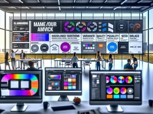 Modernes Marketing‑Workspace mit Ideogram‑AI‑Interface; Marketeers analysieren Social‑Media‑Ads, Headline‑Varianten, Markenfarben und Packaging; Moodboard, KPI‑Checkliste, Export‑Icons (WebP, AVIF, PNG) und Split‑Screens mit automatisierten DAM/CDN‑Workflows.