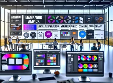 Modernes Marketing‑Workspace mit Ideogram‑AI‑Interface; Marketeers analysieren Social‑Media‑Ads, Headline‑Varianten, Markenfarben und Packaging; Moodboard, KPI‑Checkliste, Export‑Icons (WebP, AVIF, PNG) und Split‑Screens mit automatisierten DAM/CDN‑Workflows.