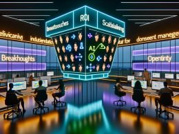 Futuristisches Medien- und Marketingstudio mit großen Bildschirmen und Hologrammen; KI tauscht Gesichter in Werbeanzeigen in Echtzeit (Mimik, Alter, Ethnizität). Neonlicht und Infografiken mit ROI, Skalierbarkeit und Consent-by-Design. Diverse Marketer und Engineer:innen arbeiten an digitalen Konsolen mit Workflow für Einwilligungsmanagement, Datenpipelines und Qualitätsprüfungen.