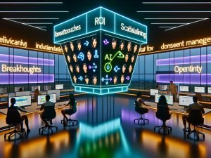 Futuristisches Medien- und Marketingstudio mit großen Bildschirmen und Hologrammen; KI tauscht Gesichter in Werbeanzeigen in Echtzeit (Mimik, Alter, Ethnizität). Neonlicht und Infografiken mit ROI, Skalierbarkeit und Consent-by-Design. Diverse Marketer und Engineer:innen arbeiten an digitalen Konsolen mit Workflow für Einwilligungsmanagement, Datenpipelines und Qualitätsprüfungen.