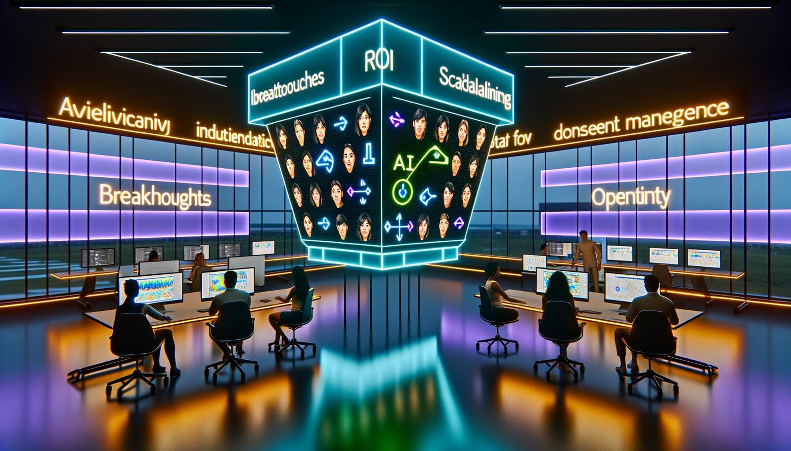 Futuristisches Medien- und Marketingstudio mit großen Bildschirmen und Hologrammen; KI tauscht Gesichter in Werbeanzeigen in Echtzeit (Mimik, Alter, Ethnizität). Neonlicht und Infografiken mit ROI, Skalierbarkeit und Consent-by-Design. Diverse Marketer und Engineer:innen arbeiten an digitalen Konsolen mit Workflow für Einwilligungsmanagement, Datenpipelines und Qualitätsprüfungen.