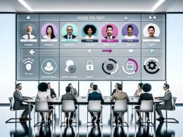 Modernes Team in verglastem Meetingraum vor großem Display mit Live-Transkription, farbigen Avataren, markierten Aufgaben und Integrationen zu Slack, Notion, Jira und CRM; Symbole für Sicherheit und Workflow-Automation.