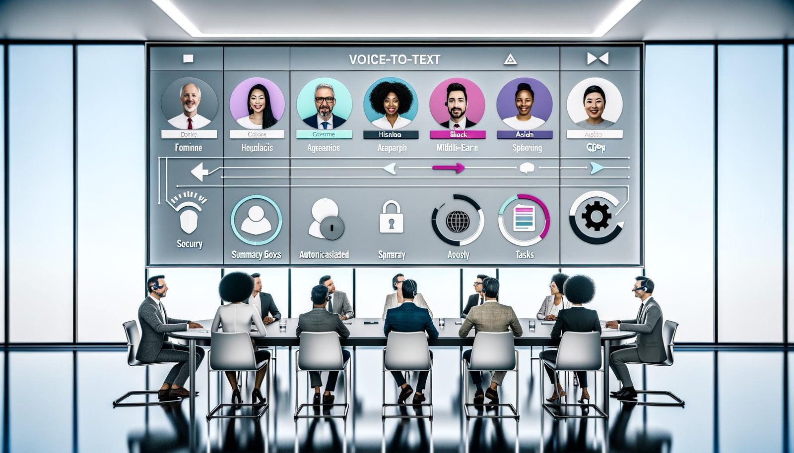 Modernes Team in verglastem Meetingraum vor großem Display mit Live-Transkription, farbigen Avataren, markierten Aufgaben und Integrationen zu Slack, Notion, Jira und CRM; Symbole für Sicherheit und Workflow-Automation.