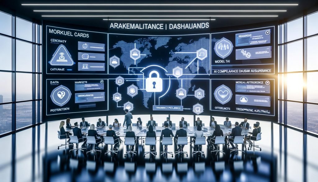 Futuristischer Workspace mit gemischtem Team an digitalem Tisch; holografische Model Cards, Audit Trails und Content‑Provenance‑Labels, leuchtende KI‑Compliance‑Dashboards, transparente Datenherkunftsflüsse, EU‑Symbole sowie Sicherheits‑ und Transparenz‑Overlays.