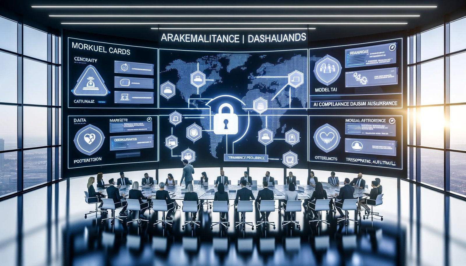 Futuristischer Workspace mit gemischtem Team an digitalem Tisch; holografische Model Cards, Audit Trails und Content‑Provenance‑Labels, leuchtende KI‑Compliance‑Dashboards, transparente Datenherkunftsflüsse, EU‑Symbole sowie Sicherheits‑ und Transparenz‑Overlays.