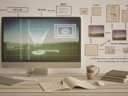 Minimalistischer Schreibtisch mit Monitor, der die Stable Diffusion WebUI mit Reglern für CFG Scale, Steps und Sampler zeigt; daneben Laptop, Notizen zu Prompts, Kaffeebecher „404“ und Workflow-Overlays mit entstehender digitaler Kunst.