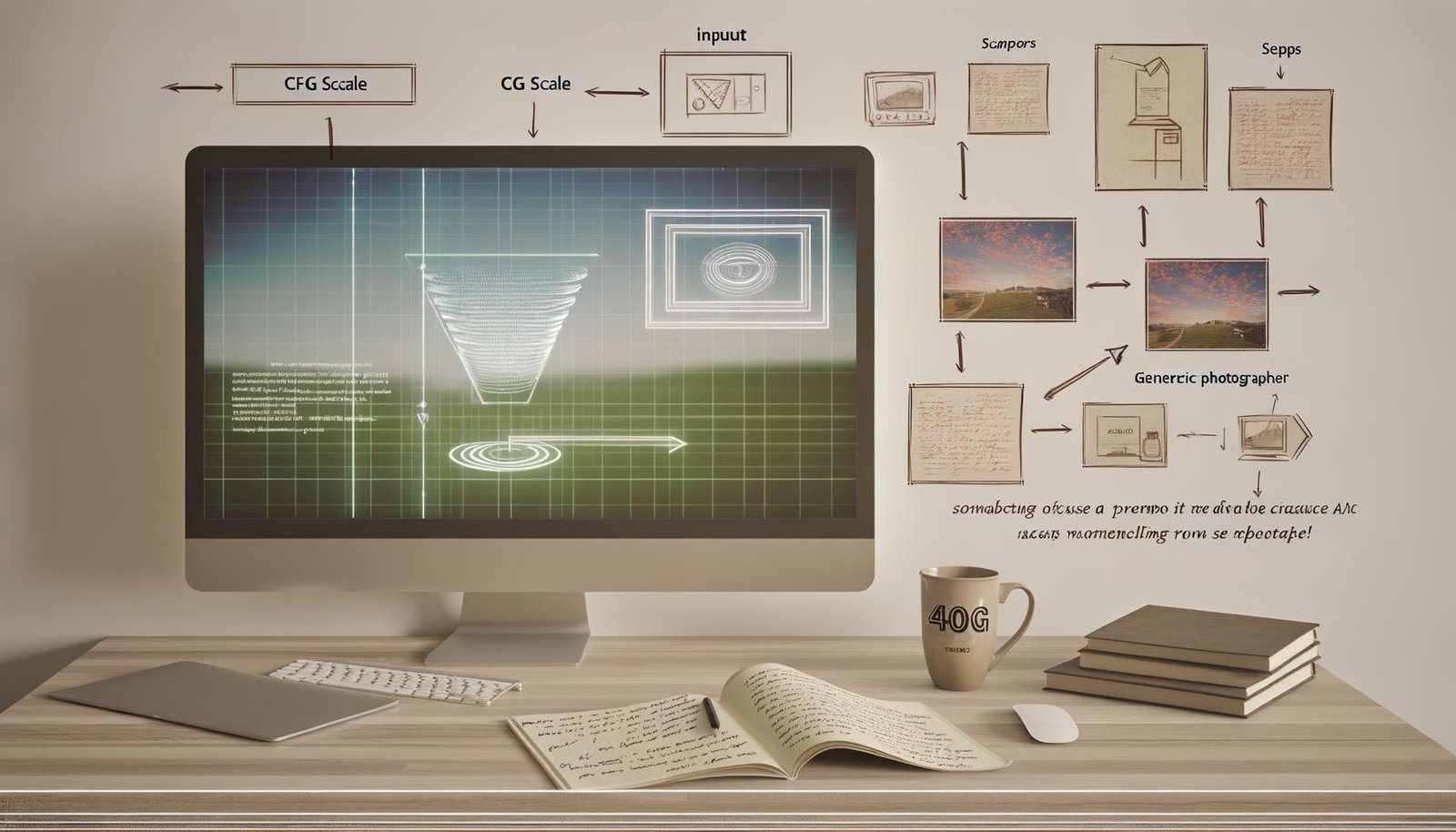 Minimalistischer Schreibtisch mit Monitor, der die Stable Diffusion WebUI mit Reglern für CFG Scale, Steps und Sampler zeigt; daneben Laptop, Notizen zu Prompts, Kaffeebecher „404“ und Workflow-Overlays mit entstehender digitaler Kunst.