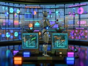 Futuristischer Workspace mit leuchtenden Dashboards, in dem humanoide KI-Agenten Daten analysieren, Budgets anpassen und CMS-, CRM- und Werbe-Workflows orchestrieren.