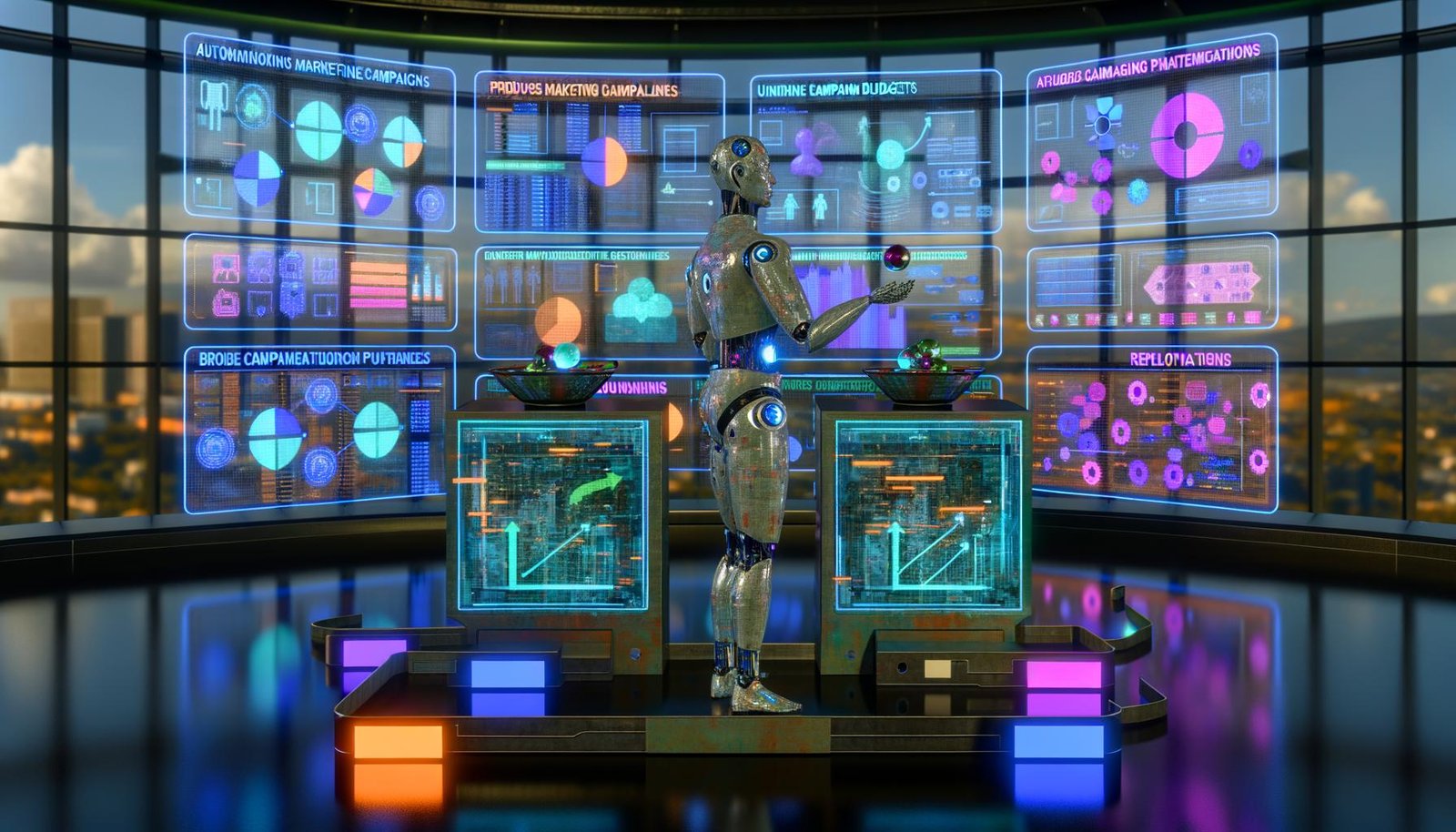 Futuristischer Workspace mit leuchtenden Dashboards, in dem humanoide KI-Agenten Daten analysieren, Budgets anpassen und CMS-, CRM- und Werbe-Workflows orchestrieren.