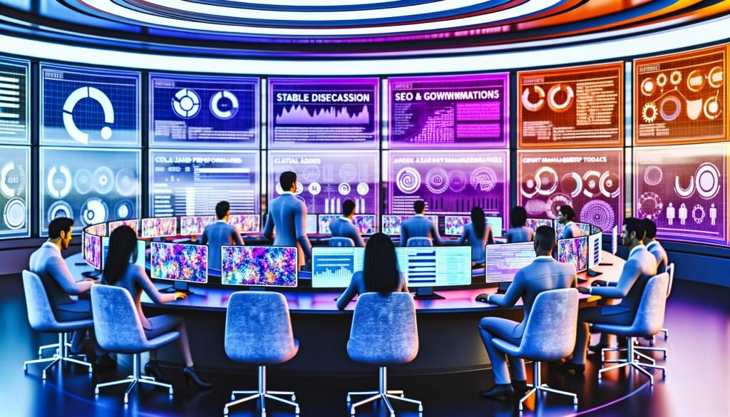 Futuristischer Kontrollraum mit Marketing-Dashboards, dynamischen KI-Bildern, SEO-Graphen, Codefragmenten und Prompt-Strukturen; diverse Teams; Symbole für Stable Diffusion, DALL·E und ControlNet; visuelle QA-Bots und Governance-Checklisten.